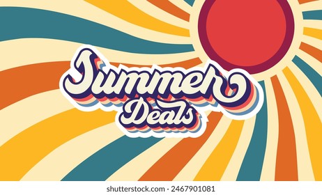 retro summer deals sticker portrait banner ad. ready to use for summer sales. red and orange and blue sun rays. Summer deals colorful vector.