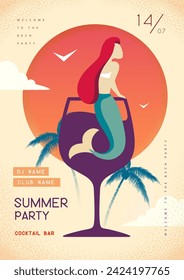 Afiches de discoteca de verano retro con sirena en copas de cóctel. Fondos de verano. Ilustración del vector