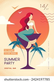 Retro summer disco party posters with mermaid in cocktail glass. Summertime backgrounds. Vector illustration