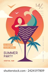 Afiches de discoteca de verano retro con sirena en copas de cóctel. Fondos de verano. Ilustración del vector