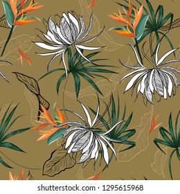 Retro summer exotic flower ,leaves and foliage forest seamless pattern vector in hand drawn style for fashion fabric and all prints on line sktech on stylish brown background color