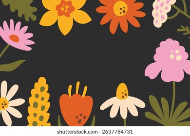 Retro Summer Floral Background Frame. Minimalist Summertime 3000x2000 Border with hand drawn Vintage Flowers on black. Modern design. Vector illustration