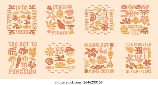 Retro summer florals poster design set, Boho summer t-shirt design bundle, Aesthetic bohemian tropical for print, Vintage summer graphic collection
