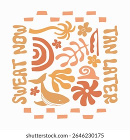 Retro summer florals poster design, Boho summer t-shirt design, Aesthetic bohemian tropical for print, Vintage summer graphic