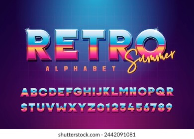 Retro-Sommer-Schrifteffekt-Alphabet. Lebendige Retro-futuristische Schriftart mit 80er-Jahre-Design. Metallischer trendiger bunter Stil