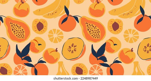 Retro summer fruit flat cartoon seamless pattern. Trendy colorful food background design. Exotic season product decoration. Banana, orange, peach and more healthy fruits.