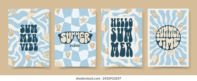 Retro summer groovy posters. Vector flyers with vintage funky print, liquid patterns, seashells and starfihes. Summer vibes. Summer time. Posters for party, celebration, ad, branding, cover, sale.