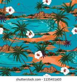 Retro summer hawaii  seamless island pattern vector. Landscape with palm trees,beach and ocean vector hand drawn style on blue ocean color background.