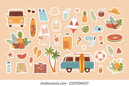 Pegatinas de verano retro para el planificador diario, escarpadura. Dibujo vectorial plano de dibujos animados. Actividades deportivas en la playa, bañador, equipajes, helados, minivan, tabla de surf, frutas y bebidas