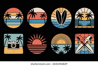 Retro summer icons with palm trees surfboards and sunsets