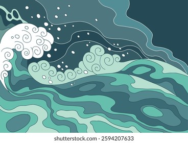 retro summer illustration of ocean waves, lines and beautiful stylized ornament, vintage style, nostalgia, old school	