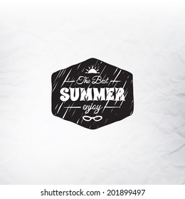 Retro summer label in doodle sketch style isolated on glass background with rain drop, vintage calligraphic design card, holiday ornament, beach label element