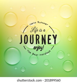 Retro summer label in doodle sketch style isolated on glass background with rain drop, vintage calligraphic design card, holiday ornament, beach label element