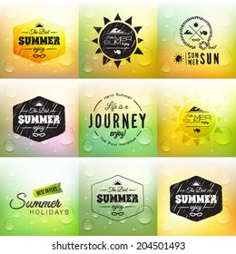 Retro summer label set in doodle sketch style isolated on glass background with rain drop, vintage calligraphic design card, holiday ornament, beach label element