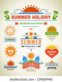 Retro Summer Labels And Signs. Summer Holidays Typography. Vector Illustration Design Elements.