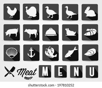 Retro Summer Meat Menu Icons with Long Flat Shadow