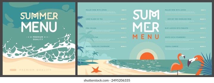 Diseño de menú de verano retro con vistas superiores a las olas del océano, la arena, la playa y el flamenco. Ilustración vectorial