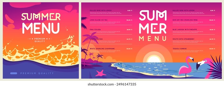 Retro summer menu design with top view ocean waves, sand, beach and flamingo. Vector illustration