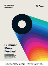 Retro Summer Music Festival Party Poster Template with Vinyl and Rainbow. Promotional Event Flyer or Leaflet. Eps10 printable vector.