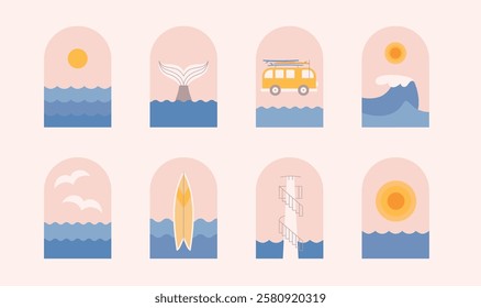 Retro summer, ocean, sea, surfing, vanlife banner. Aesthetic marine frame for t short pattern, sticker, merch vector templates. Cute shortboard, sunset, waves.