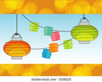 Retro Summer Paper lanterns and Party Lights with a cool background. Objects grouped so you can use them independently from background. Layered file for easy edit.