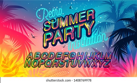 Retro Summer Party banner. New trendy sky vector poster. Alphabet letters. Season vocation, weekend, holiday logo. Happy shiny sunset Day. Vector Lettering. Fashionable styling. Traveling.