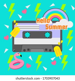 Retro summer party cassette on green background with pink heart and neon green thunder icon
