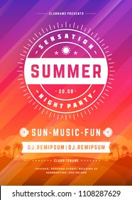 Retro summer party design poster or flyer on abstract background. Night club event typography. Vector template illustration.