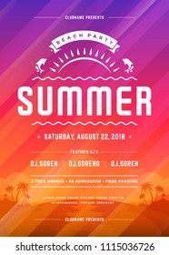 Retro summer party design poster or flyer on abstract background. Night club event typography. Vector template illustration.