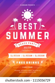 Retro summer party design poster or flyer on abstract background. Night club event typography. Vector template illustration.