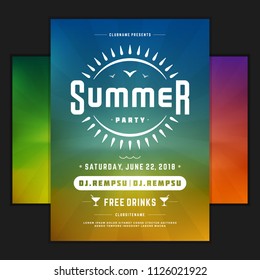 Retro summer party design poster or flyer on abstract background. Night club event typography. Vector template illustration. Included 3 backgrounds with color variation.
