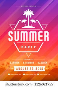 Retro summer party design poster or flyer on abstract background. Night club event typography. Vector template illustration.