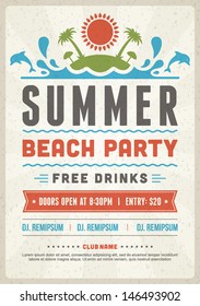 Retro Summer Party Design Poster Or Flyer. Night Club Event Typography. Vector Template Illustration. 