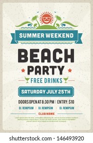 Retro Summer Party Design Poster Or Flyer. Night Club Event Typography. Vector Template Illustration. 