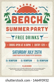 Retro summer party design poster or flyer. Night club event typography. Vector template illustration. 