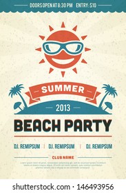 Retro Summer Party Design Poster Or Flyer. Night Club Event Typography. Vector Template Illustration. 