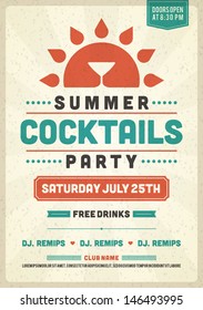 Retro summer party design poster or flyer. Night club event typography. Vector template illustration. 