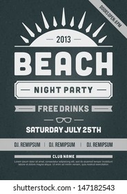 Retro summer party design poster or flyer on chalkboard. Night club event typography. Vector template illustration. 