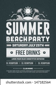 Retro summer party design poster or flyer on chalkboard. Night club event typography. Vector template illustration. 