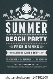 Retro summer party design poster or flyer on chalkboard. Night club event typography. Vector template illustration. 