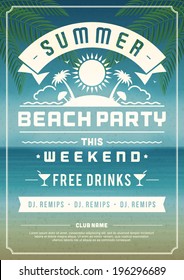 Retro summer party design poster or flyer. Night club event typography. Vector template illustration. 