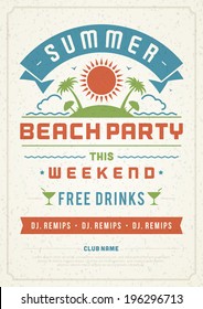 Retro summer party design poster or flyer. Night club event typography. Vector template illustration. 