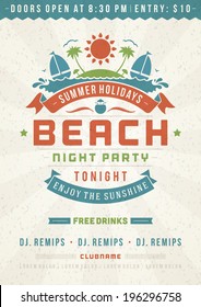 Retro summer party design poster or flyer. Night club event typography. Vector template illustration. 