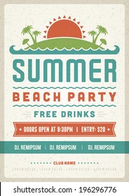 Retro summer party design poster or flyer. Night club event typography. Vector template illustration. 