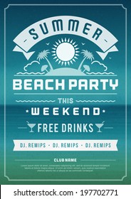 Retro summer party design poster or flyer. Night club event typography. Vector template illustration. 