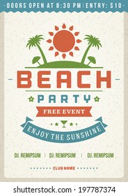 Retro summer party design poster or flyer. Night club event typography. Vector template illustration. 