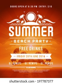 Retro summer party design poster or flyer. Night club event typography. Vector template illustration. 