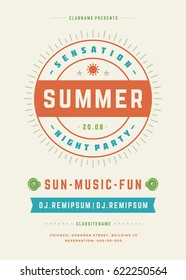 Retro summer party design poster or flyer. Night club event typography. Vector template illustration EPS 10. 