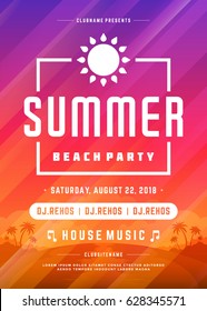 Retro summer party design poster or flyer on abstract background. Night club event typography. Vector template illustration EPS 10.