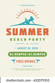 Retro summer party design poster or flyer. Night club event typography. Vector template illustration EPS 10.